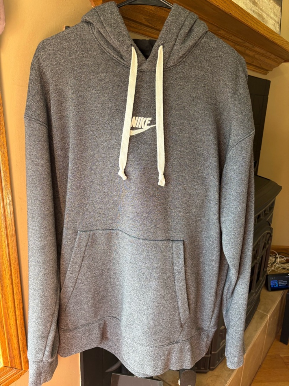 Nike Heather Gray Pullover Hoodie with White Logo & Drawstrings